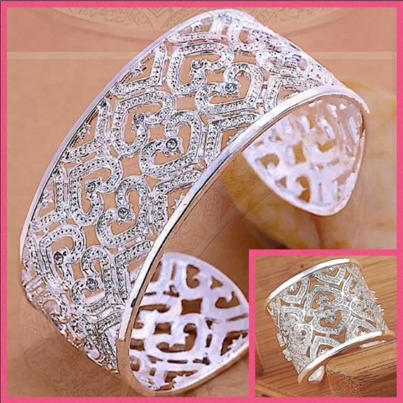 STERLING SILVER HEART HOLLOW OUT WIDE CUFF BANGLE BRACELET RING SET - Picture 1 of 15